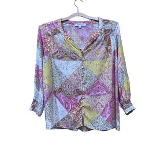 Rose + Olive Blouse Womens Small‎ Multicolor Paisley Floral Button Front Boho